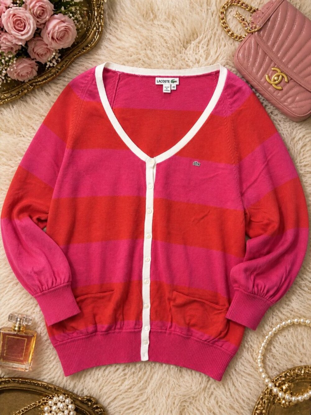Lacoste Women’s Pink and Red Stripped Cardigan Sweater Size 42 EU and Large US